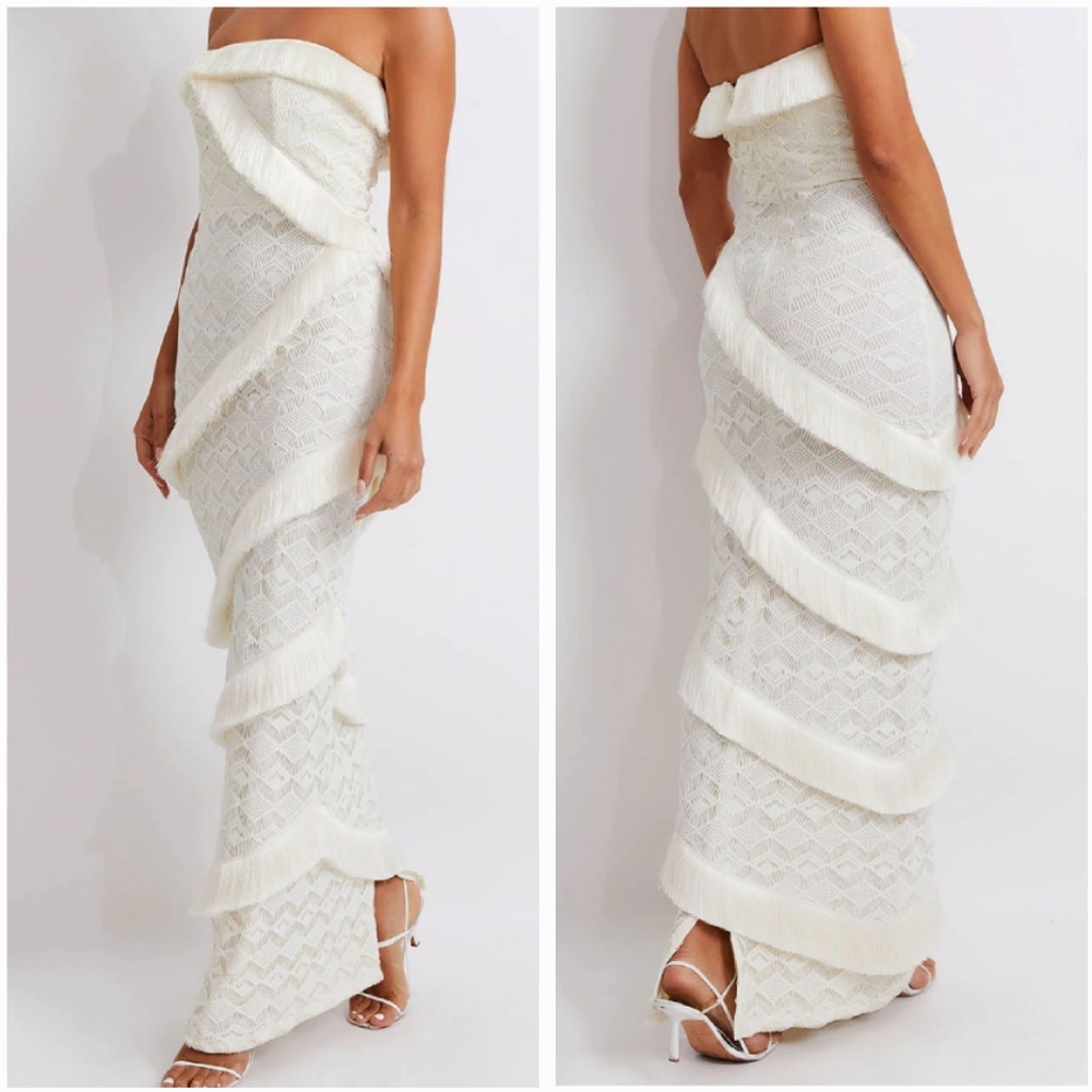 Patbo Crochet Strapless Fringe Trim Maxi Dress